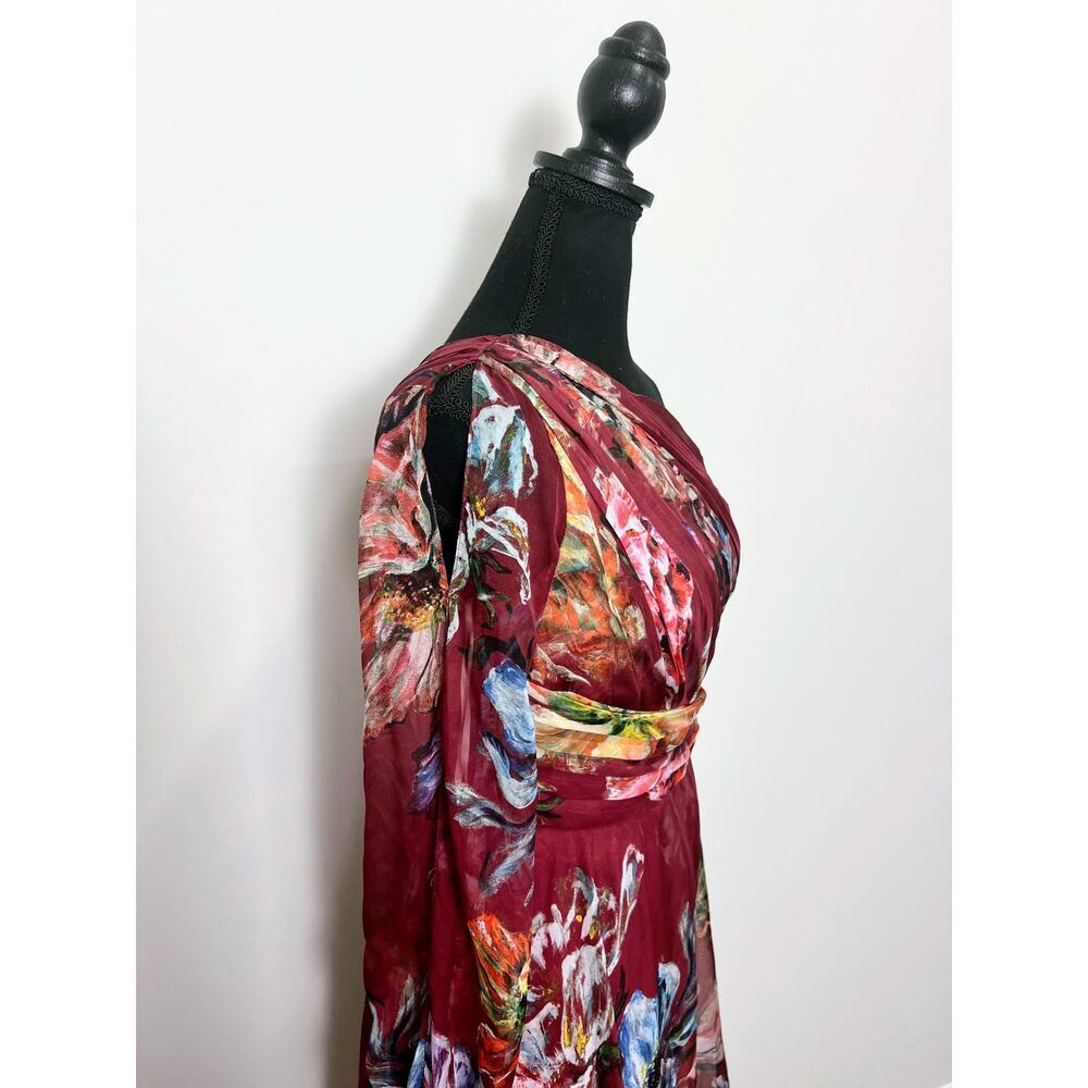 Marchesa Notte Floral Printed Cocktail Dress Burgundy Size 0 One Shoulder Lined - Picture 4 of 8
